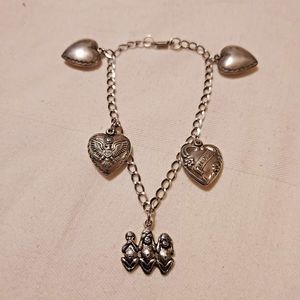 Vintage Sterling Marked Charm Bracelet See, Hear and Speak no Evil  With Hearts